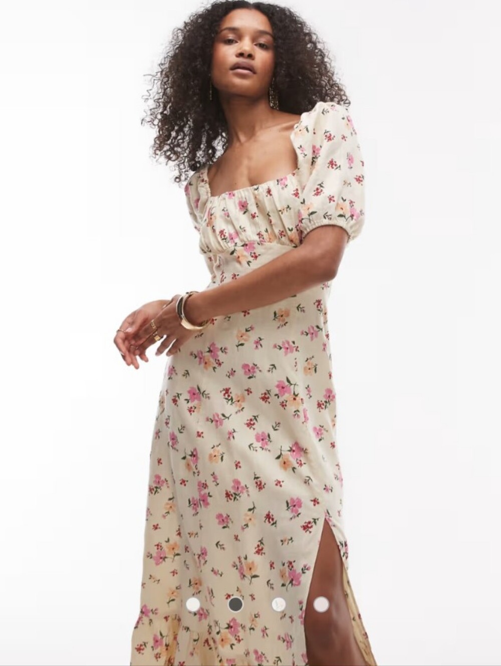 & Other Stories Ivory Floral Puff-Sleeve Midi Dress with Side Slit